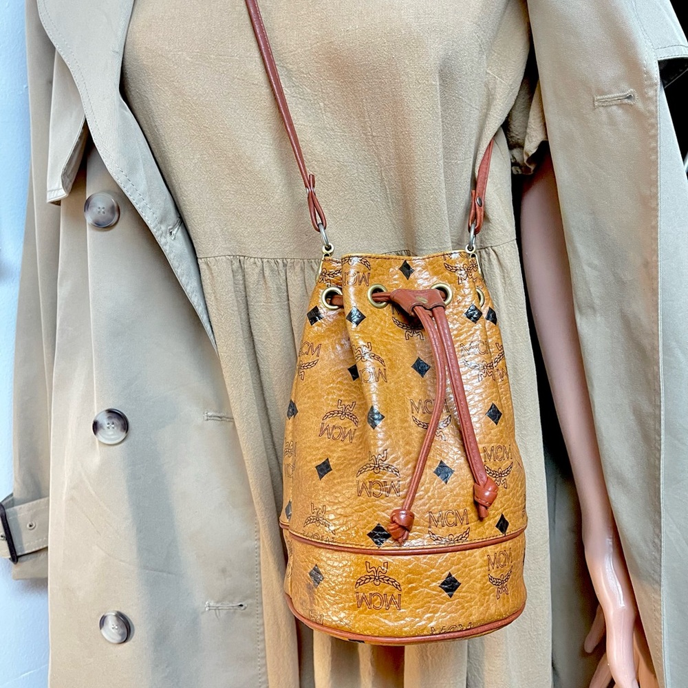 Authentic MCM vintage Congnac drawstring mini crossbody bag